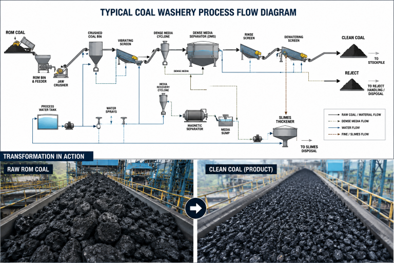 Coal washery process flow diagram showing ROM coal processing, dense media separation circuit, magnetic separator, dewatering screens, and clean coal product conveyor. John Finlay India