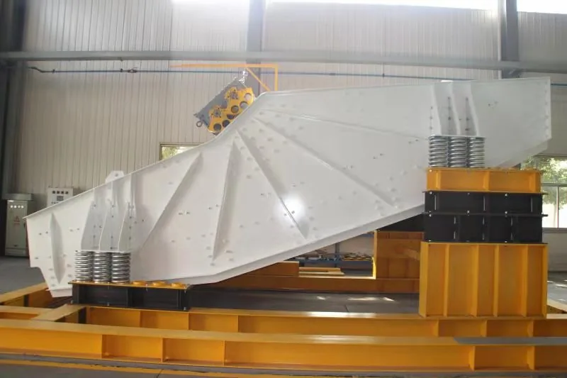 John Finlay banana vibrating screen with curved multi-slope deck on the factory test stand before dispatch to a coal washery