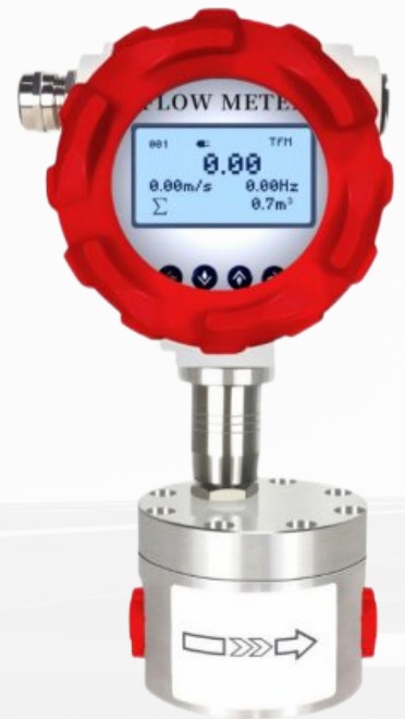 Micro gear flowmeter with red housing and LCD display for flotation reagent dosing lines, John Finlay