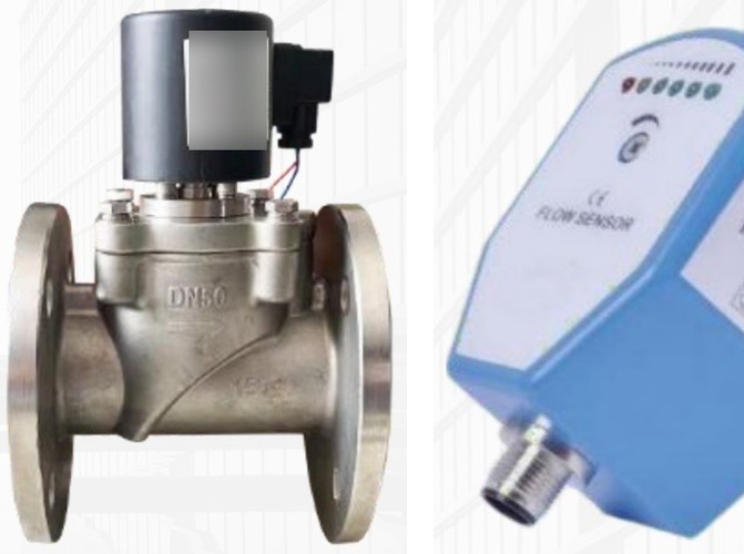 Flanged stainless steel solenoid valve beside a blue electronic flow switch, shaft seal water system, John Finlay