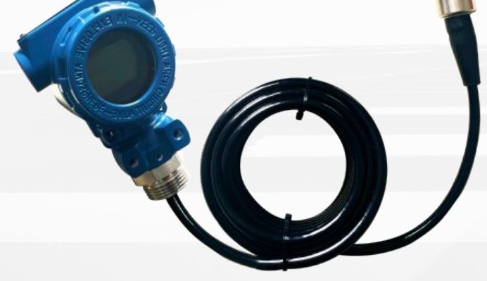 Submersible level transmitter with blue housing and long cable for sump and tank level measurement, John Finlay