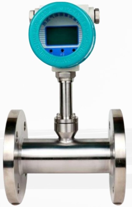 Thermal mass air flowmeter with flanged stainless steel body, teal display head and sensing stem, John Finlay