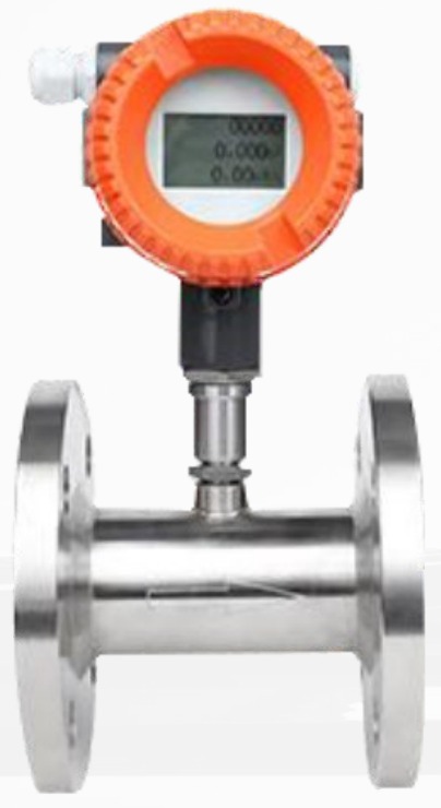 Turbine flowmeter with flanged stainless steel body and orange display head for clean liquid flow measurement, John Finlay