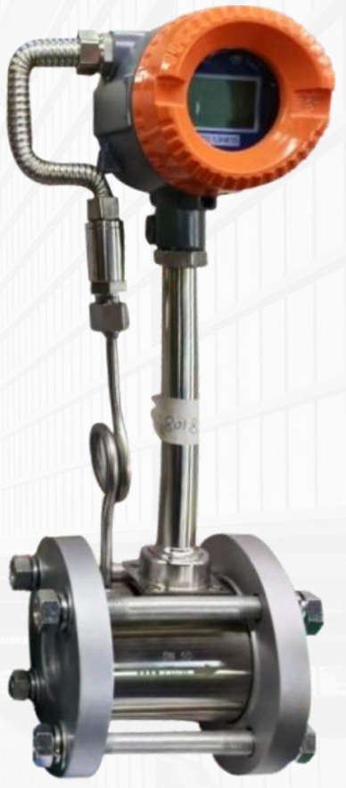 Vortex flowmeter with flanged body, orange display head and stem for liquid, gas and steam flow measurement, John Finlay